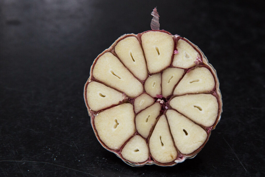 A halved garlic bulb