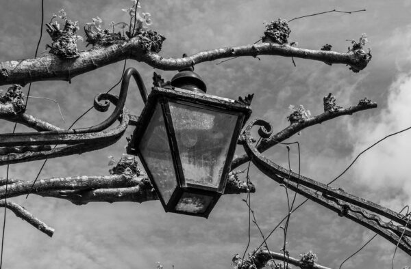 A Victorian lamp hangs from an iron archway above Lime Walk in St Andrew's Churchyard, Clifton Village, Bristol.